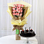 20 Pink Roses Bouquet & Truffle Cake