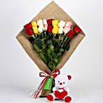 Mix Roses Bouquet & Teddy Bear Combo