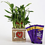 2 Layer Lucky Bamboo In I Love U Vase With Dairy Milk Chocolates