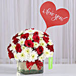 Red Roses & White Daisies in Glass Vase