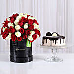 80 Red & White Roses Box with Chocolate Cake