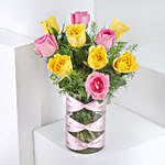 Pink & Yellow Roses Vase & Black Forest Cake