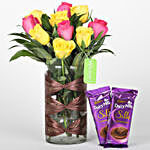 Pink & Yellow Roses Vase with Dairy Milk Silk