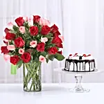 Red & Pink Roses With Black Forest Cake