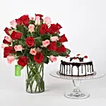 Red & Pink Roses With Black Forest Cake