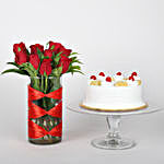 Red Roses Vase with Pineapple Cake Combo