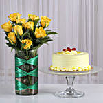 Yellow Roses Vase & Butterscotch Cake Combo