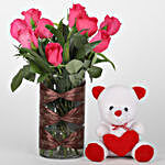 Pink Rose Vase & Teddy Bear Combo