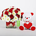 Roses & Daisies Vase with Teddy Bear Combo