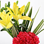 Pink Carnations & Yellow Lilies With Pearl Rakhi