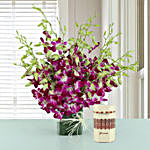 Purple Orchids Arrangement & Pearl Rakhi