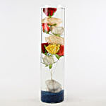 Colourful Roses In Glass Vase & Pearl Rakhi Set