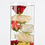 Colourful Roses In Glass Vase & Pearl Rakhi Set