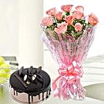 10 Pink Roses And Chocolate Cake Combo Standard
