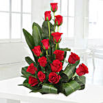 15 Red Roses & Leaves Basket Arrangement With Diyas