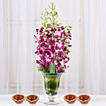 10 Purple Orchids Glass Vase & Diyas