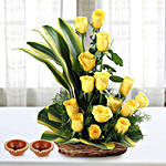 Sunshine Yellow Roses Basket & Diyas Combo