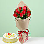 Bouquet Of Red Roses & Butterscotch Cake
