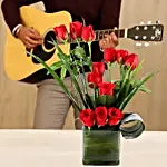 12 Red Roses Vases Melodious Combo