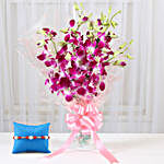Purple Orchids Bouquet & Pearl Rakhi