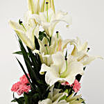 White Lilies & Pink Carnations in Glass Vase