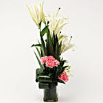 White Lilies & Pink Carnations in Glass Vase