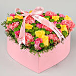 Cheerful Roses & Carnations In Heart Shaped Box