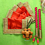 Red Chunri With Dandiya Sticks & Besan Laddoos