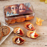 Personalised Honey Oats Cookie Box With 4 Diyas & Beige Ganesha Idol