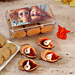 Personalised Kaju Pista Cookie Box With 4 Diyas & Orange Ganesha Idol