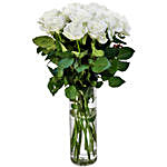 Serene 15 White Roses Cylindrical Glass Vase