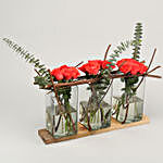 Orange Roses Glass Vasr Trio On Wooden Tray