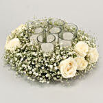 White Roses In Round Wooden Tray