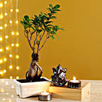Brown Ganesha Idol & Candles With Ficus Bonsai