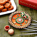 Festive Orange Pooja Thali With Kesar Peda Combo