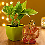 Money Plant in Green Pot & Ganesha Idol