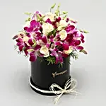 Delicate Purple Orchids & White Roses Box Arrangement