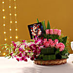 Pink Roses & Purple Orchids Basket With Ganesha Table Top