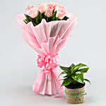 Money Plant & Pink Rose Bouquet