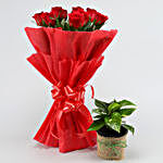 Money Plant & Red Rose Bouquet