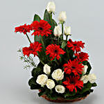White Roses & Red Gerberas Cane Basket