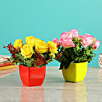 Artificial Pink & Yellow Roses Vases