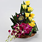 Yellow Roses & Purple Orchids Birthday Arrangement