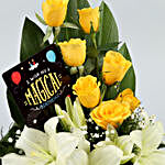 Yellow Roses & White Lilies Basket & Birthday Table Top