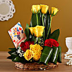 Yellow & Red Roses Basket With Anniversary Table Top