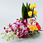 Vibrant Mixed Flowers Basket With Anniversary Table Top