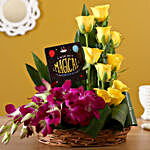 Yellow Roses & Purple Orchids Birthday Arrangement