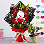 Red Roses Bouquet With Jade Plant & Teddy