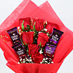 Red Roses Bouquet With Money Plant & Chocolates