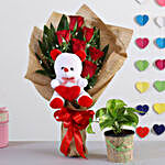 Red Roses Bouquet With Money Plant & Teddy